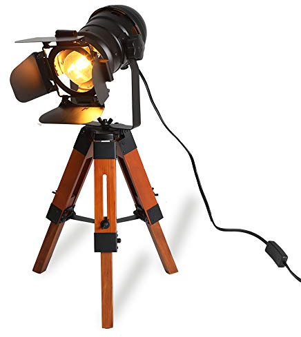 Industrial Cinema Wood Tripod Floor Lamp with Foot Switch - Modern Adjustable Height Nightstand Tall Desk Lamp - Vintage Rustic Reading Table Light Decoration for Living Room Kid Bedroom Office, Black