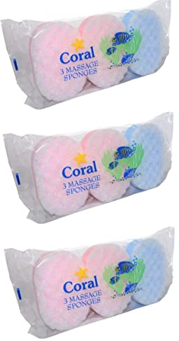 9 x Exfoliating Bath Sponge for Adults and Kids, 3 Packs of 3 Massage Sponges for Men and Women, Mixed Colours