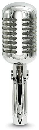 McGee Micrófono Retro DRM-200 dinámico con Soporte de trípode, Cabeza inclinable, para Estudio, Escenario u Oficina, Carcasa metálica, característica de riñón, Cromo