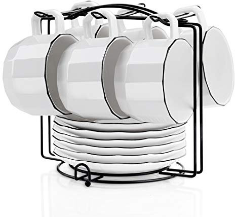 CHILDIKE Coffee Cups Set, Cappuccino Cups and Saucers Set, Ceramic Tea Cups Set of 6 with Metal Holder, Geometric White Black Border 200ml