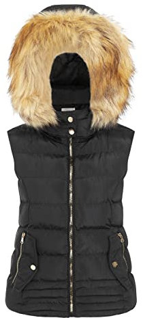 Charcoal Fashion Women's Padded Gilet/Body Warmer with Brown Hood Fur Trims (CFW21138) (8, Black)