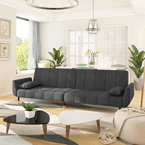 Tidyard Sofá Cama de 2 plazas con Dos Almohadas Terciopelo Gris Oscuro 220 x 84,5 x 69 cm, Chaise Longue Moderno para Salón Dormitorio,Fácilmente Convertible en una Cama
