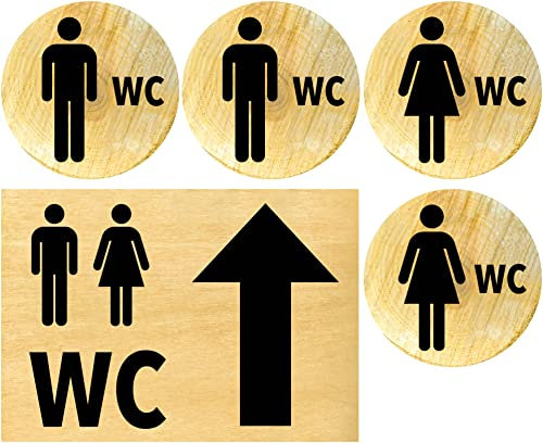 Clever Pool Aufkleber WC Toiletten Set Damen + Herren Schild – wetterfest - Toilettenschild – Türschild – Folienschild – D = 148 mm, Hinweisschilder Holz rustikal (2 WC Herren+Damen+Pfeil gerade Holz)
