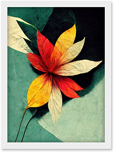 Wee Blue Coo Abstract Flowers Teal Red Yellow Artwork Framed Wall Art Print A4