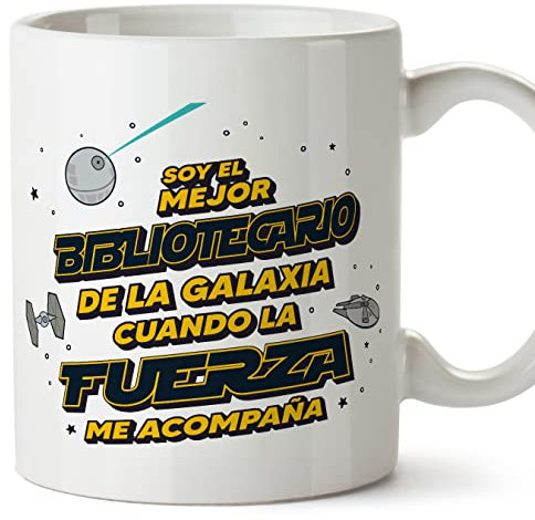 MUGFFINS Tazas para BIBLIOTECARIO hombre - En Español - Mejor de la Galaxia Cuando Fuerza me Acompaña - 11 oz / 330 ml - Regalo original y divertido