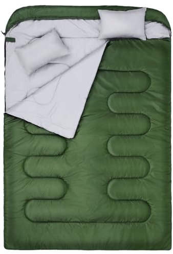 Schlafsack Outdoor: Sportneer Schlafsäcke 2 Personen Doppelschlafsack 220x150cm, 3.5kg mit 2 Kissen, Vier Doppel Zippern, Erwachsene Deckenschlafsack für Familie, Grün