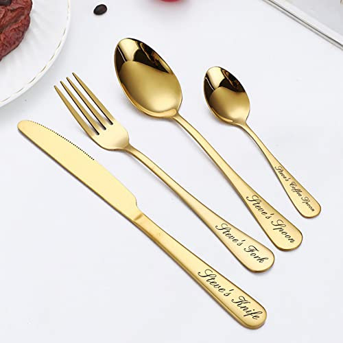Cubiertos grabados personalizados, juego de vajilla personalizado con caja de regalo, tenedor/cuchillo/cuchara de acero inoxidable con letras personalizadas (oro)