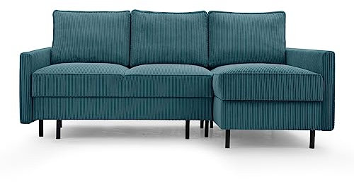 BETTSO -Ecksofa mit Schlaffunktion und Bettkasten - Scandinavian Design Couch, Sofagarnitur, Couchgarnitur, Polsterecke,Cord Stoff (220x110x137cm)-Emma (Türkis (Lincoln 75), Rechts)