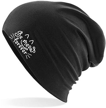 huuraa Beanie Be Meow Forever Katze Unisex Wintermütze Black mit Motiv für Katzen Menschen Geschenk Idee für Freunde und Familie