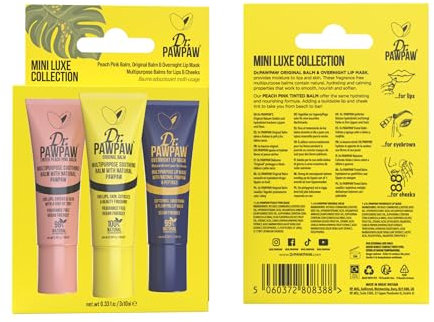 Dr.PAWPAW Mini Luxe Trio Geschenkset: Orignal, getönte Pfirsich & Overnight Lippenmaske, Mehrzweck-Lippenmaske, natürlich, ohne Duft, für feuchtigkeitsspendende Lippen, Haut, Haare, Nagelhaut, Nägel