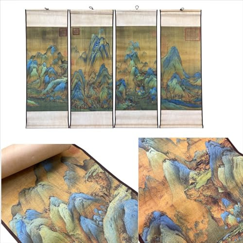 CIFIBIFUN Altes Asien, faltbare Schriftrolle, Hainging, Malerei, Kunst, Wanddekoration, blau-grüne Landschaft, Tausend Li von Flüssen und Bergen für Heimbüro, Poster, 35,6 x 99,9 x 4 Stück
