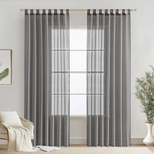 MIULEE Voile Gardinen Vorhänge mit Schlaufen Leineneffekt Halbtransparent Vorhange Elegant Einfach Leinenoptik für Wohnzimmer Schlafzimmer 2er Set, 140×260(H×B), Dunkelgrau