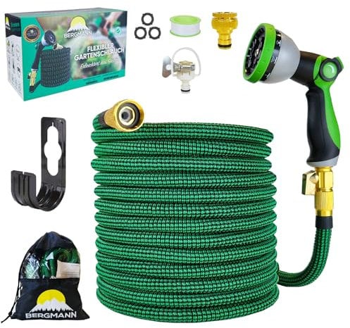 Bergmann® Premium Gartenschlauch Flexible - Flexibler Schlauch mit 10 Funktion Spritze Flexschlauch mit Wandhalterung 3/4 1/2 Zoll Anschluss 3-Fach Latexkern (Grün-15m)