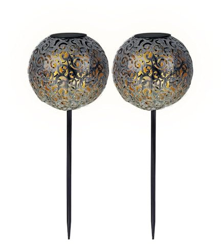 GLOBO Solarleuchte Solarkugel für Außen silberfarben Stecklampe orientalische Lichteffekt und Erdspieß, 1x LED 3000 Kelvin, DxH 18,5x54 cm, 2er Set