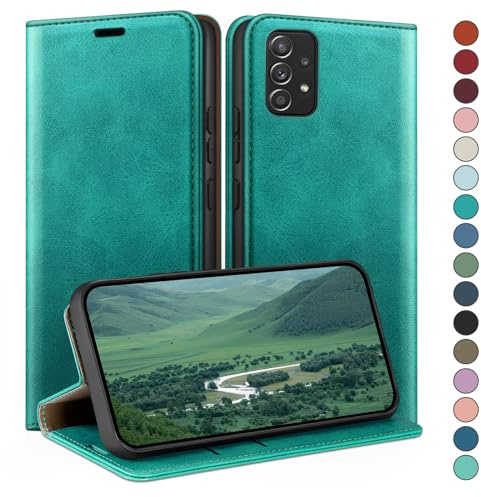 HUOUH für Samsung Galaxy A53 Hülle mit RFID Schutzhülle aus Lederhülle Handyhülle,360 Grad Schutz Case,Kartenfach Leder ständer Handy hülle für Samsung A53 Klapphülle Wallet Cover Blaugrün
