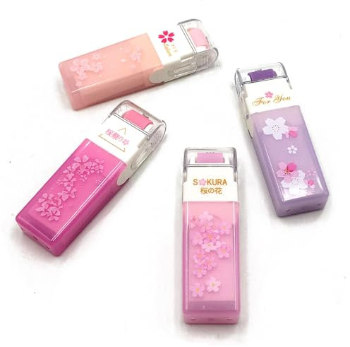 Niedlicher Radiergummi, Cartoon-Roller, Kirschblüten-Motiv, niedliches Gummi mit Schmutzfang, für Schule, Büro, Zubehör, 4 Stück