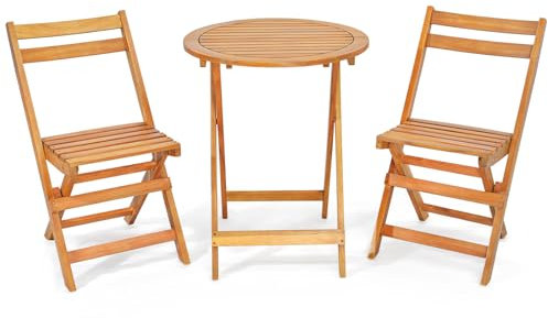 TANGZON Wooden Folding Bistro Set, Outdoor Dining Table and Chairs Set with Slatted Tabletop & Seat, Acacia Wood Garden Furniture Set for Porch Balcony (Horizontal Slatted Back,without Cushions)