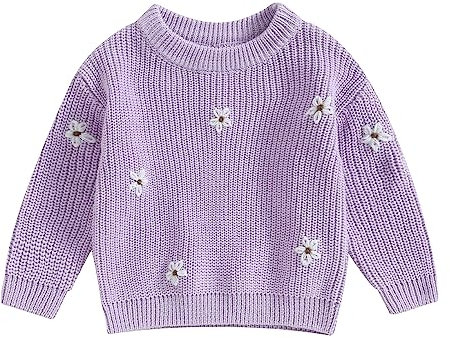 Geagodelia Maglione Top Bambina Manica Lunga Fiore Ricamat Inverno Caldo Maglia Pullover Vestiti Bambino Neonato 0-5 Anni (Viola, 18-24 Months)