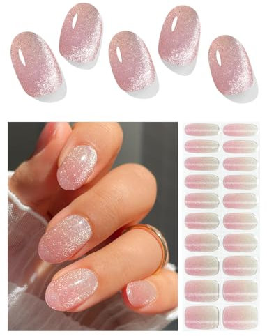 AutyaMee Semi Cured Gel Nail Strips (Pink Omber Cat Eye), 20 Pcs Gel Nail Wraps, Stickers, UV Light Required, Salon Quality, Long Lasting