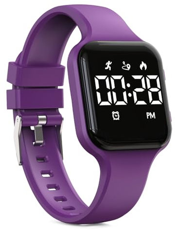 Focwony Montre numérique étanche pour enfants avec podomètre, affichage LED, chronomètre, pour enfants, garçons, filles, adolescents, violet raisin, taille unique, Moderne
