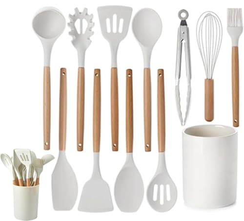 Juego de utensilios de cocina de silicona de 12 piezas con asas de madera, resistentes al calor, antiadherentes, con pinzas, espátula, cucharas y soporte, aptos para lavavajillas (beige, talla única)