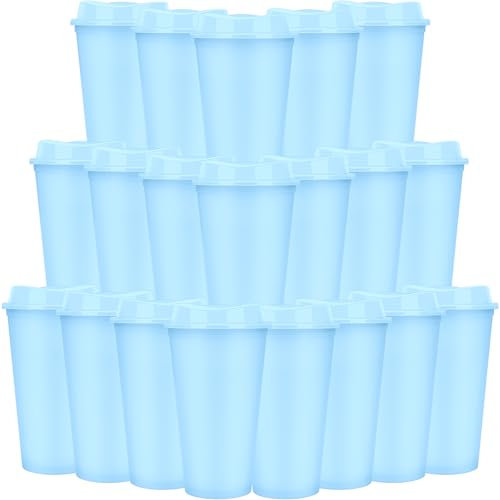 20 Pcs Reusable Coffee Cups with Lids 470 ml Plastic Tumblers Iced Coffee Cup Travel Mug for Adults and Women Kid Hot and Cold Drinks, Microwaveable (Light Blue)