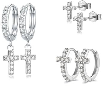 HinDaLi 3 Paar Kreuz Ohrringe Silber 925 für Damen Herren Mädchen Männer Silber Ohrstecker Damen Kleine Zirkonia Ohrringe Creolen mit Kreuz Anhänger Knorpel Tragus Schlafen Hypoallergen
