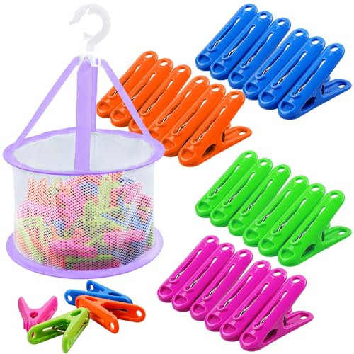 48 Stück Wäscheklammern mit Korb, Bunte Wäscheklammern mit Beutel, rutschfeste klammerkorb für Wäscheklammer ohne Abdruck, Aufbewahrungskorb Windfeste Clips für Kleidung Wäscheleinen Socken Fotos
