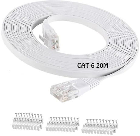 YEDJFFIYO Cat 6 Ethernet Cable, 20M Flat Network Cable with 61 Cable Clips for Switch/Router/Modem