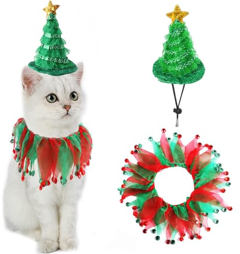 Cat Christmas Costume Suit,Small Dogs & Cats Tutu Collar and Green Shiny Hat Cute Costume Suit Kitten Outfit Clothing for Birthday Party Thanksgiving Christmas Holiday