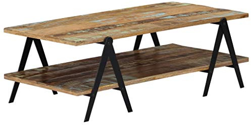 Owoxanthellate Couchtisch 115x60x40 cm Altholz Massiv mit 2 Ablagen, Robuste Beine aus Stahl, Modernes Industrial Design für Wohnzimmer, Sofa & Schlafzimmer