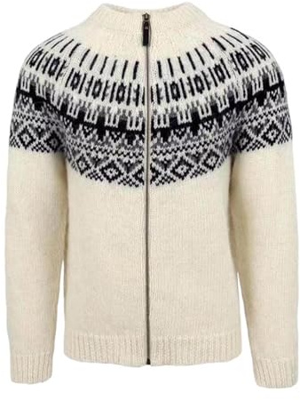 Generisch Cardigan pour homme - Pull norvégien avec flocons de neige - Pull en tricot - Col montant - Fermeture éclair - Manteau en tricot épais - Pull d'hiver norvégien - Sweat islandais, Blanc., XL