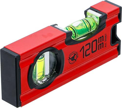 BGS Diy 50867 | Wasserwaage | 120 mm | Aluminium | Rot/Schwarz | Vertikale und horizontale Libelle | Gefräste Sohle | Für engen Raum | Hängeloch | Schutzkappe