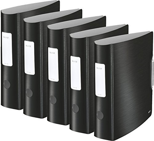 5 Stück Leitz 11080028 Multifunktions-Ordner (A4, Runder Rücken 8,2 cm Breite, Gummibandverschluss, Gebürstete Alu-Optik, Kunststoff, Ergonomische Form, Active Style) satin-schwarz