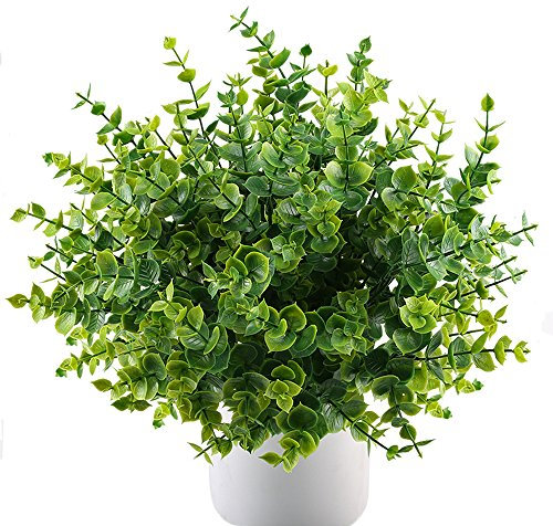 MIHOUNION 4 pcs Plante Artificielle arbustes buissons Fausse Plastique Plantes d'eucalyptus Feuilles Vertes Maison de Cuisine Jardin extérieur Craft Floral Arrangement