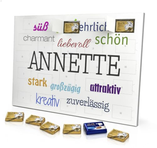 printplanet - Adventskalender mit Namen Annette - Gefüllt mit Lindt Premium Schokolade - Motiv Positive Eigenschaften