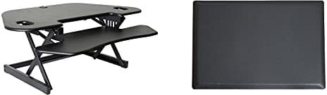 Rocelco 46 Height Adjustable Corner Standing Desk Converter with Anti Fatigue Mat BUNDLE, Quick Sit Standup Dual Monitor Riser, Computer Workstation-Keyboard Tray, (R CADRB-46-MAFM), Black