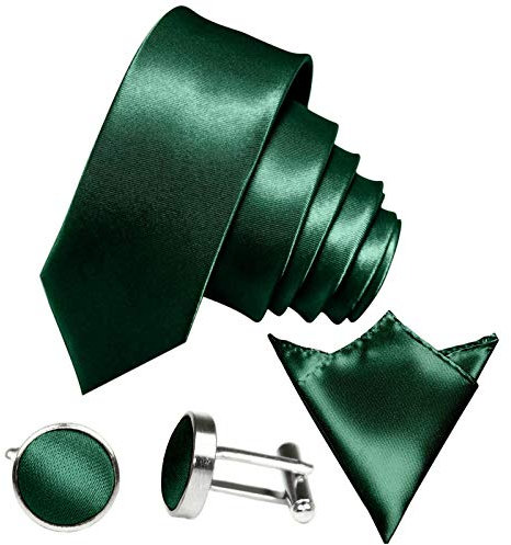 GASSANI 3Tlg Krawatten-Set, 6Cm Skinny Schmale Dunkel-Gruene Herren-Krawatte Dünn Manschettenknöpfe Ein-Stecktuch, Bräutigam Hochzeitskrawatte Glänzend