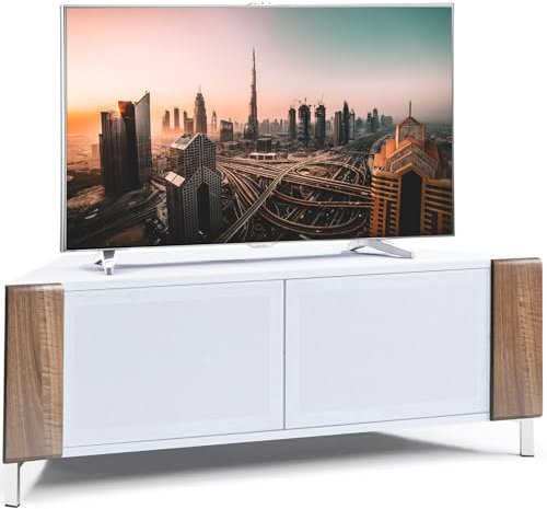 MDA Designs CORVUS Corner-Friendly Gloss White Contemporary Cabinet with Walnut Profiles White BeamThru Glass Doors Suitable for Flat Screen TVs up to 50