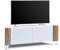 MDA Designs CORVUS Corner-Friendly Gloss White Contemporary Cabinet with Walnut Profiles White BeamThru Glass Doors Suitable for Flat Screen TVs up to 50