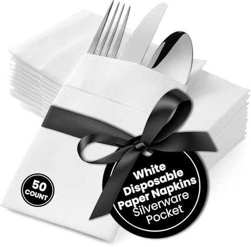 AH AMERICAN HOMESTEAD Papierservietten – leinenähnliche Hochzeitsservietten mit Tasche für Besteck – vorgefaltete Einweg-Servietten, 40 x 40 cm, stoffähnlich, dick und sehr saugfähig, Weiß, 50 Stück