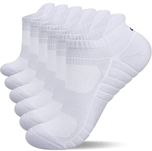 Lapulas Athletic Ankle Socks, Low Cut Cushioned Anti-Blister Running Tab Sports Socks for Men and Women 6Pairs (White, L)