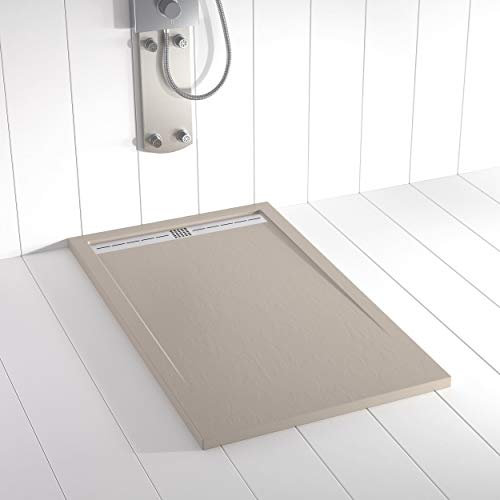 Shower Online Plato de ducha Resina FLOW - 70x140 - Textura Pizarra - Antideslizante - Todas las medidas disponibles - Incluye Rejilla Inox y Sifón - Arena S 3005 Y 50R