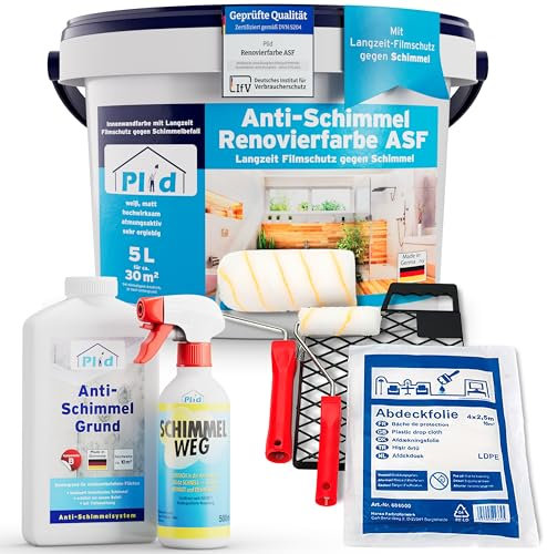 Plid® Anti Schimmelfarbe Innen Weiß inkl. Spray + Grundierung + Streichset 6-tlg - Antischimmelfarbe für feuchte Räume, Bad & Küche - Schimmel Farbe - Effektiver Schutz gegen Schimmel 5l