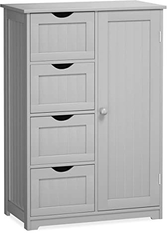 COSTWAY Bathroom Floor Cabinet, Wooden Free Standing Storage Cupboard with 3/4 Drawers, Adjustable Shelf and Door, Home Kitchen Living Room Hallway Organiser Unit (Grey, 4 Drawers)
