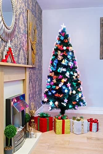 SHATCHI 3Ft/90cm Fibre Optic Christmas Topper-Hanging Pastel Stars & Baubles Decorations-Pre-Lit Green Artificial Xmas Tree-Multicolor Changing Lights, PVC, 90 cm