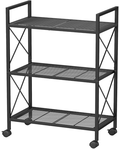 SONGMICS 3-Tier Metal Storage Rack with Wheels, Mesh Shelving Unit with X Side Frames, 23.6-Inch Width, for Entryway, Kitchen, Living Room, Bathroom, Industrial Style, Black UBSC163B01