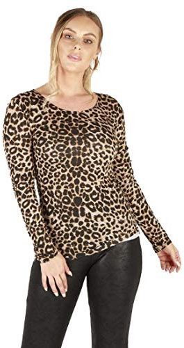 GirlzWalk Women's Plain Print Long Sleeve T-Shirt Basic Casual Plain Stretch Top (Brown Leopard, 24-26)