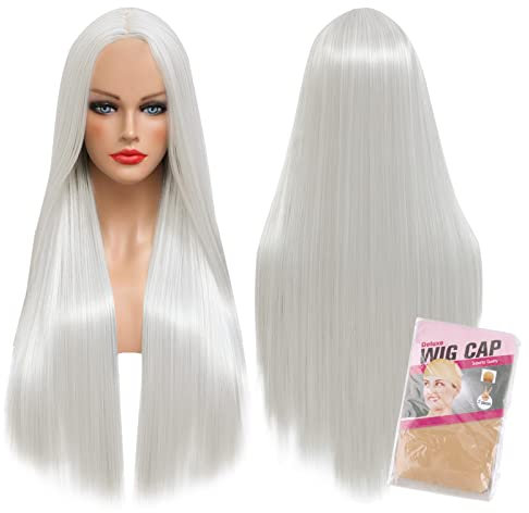 Longues Perruques Femmes Blanc Perruques de Cheveux Droite en Fibre Synthétiques résistance à Chaleur +2pcs Casquettes de Perruque à dôme en Filet Extensible pour Quotidienne Party Cosplay Halloween