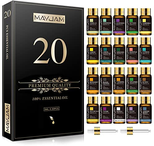 MAYJAM Set di Oli Essenziali 20 Pezzi, Set Regalo Di Oli Essenziali Per Diffusori, Umidificatori - Lavanda Vaniglia Limone Bergamotto Cedro Neroli Menta Piperita Limone Eucalipto E Molto Altro Ancora